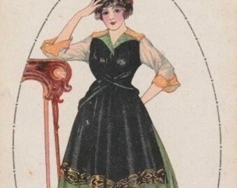 Art Deco Lady,  Artist Illustrated Antique Postcard, Italian 1910s UNWRITTEN