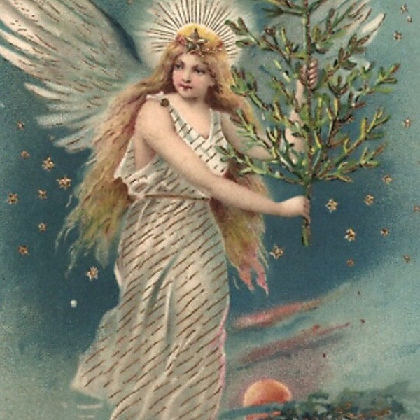Antique Postcard // Gilt Angel Carrying Christmas Tree // Christmas New Year // Sent 1902 German Reich Stamp // Undivided Back