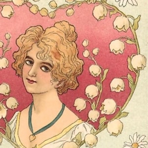 German Art Nouveau Lady Postcard, Heart Shaped Medallion Lily of the Valley, Franked 1900