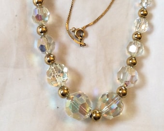 Glass Bead Necklace with Gold Tone Accent Balls, 1960s Vintage Jewelry