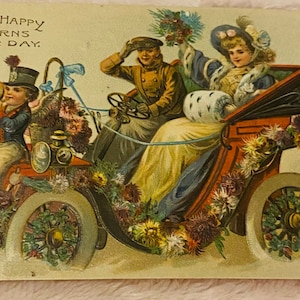 Niemiecka tłoczona pocztówka, życzenia urodzinowe, samochód przyjechał i został, wysłana w 1909 r., początek XX wieku