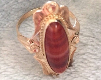 Carnelian Ring, 14K Gold Ring, Art Nouveau Vintage Jewellery