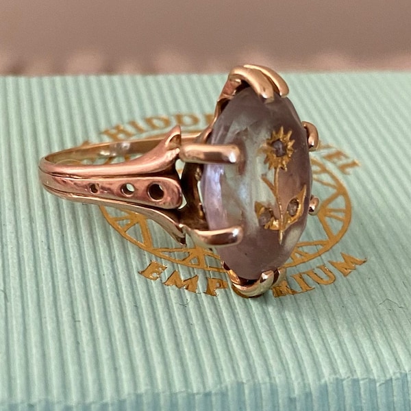 Rose of Sharon Amethyst Ring, Mined Diamonds, 10K Yellow Gold, 1880s Victorian Antique  Jewellery