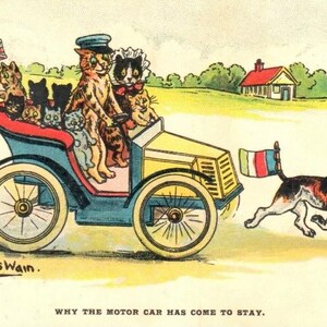 Pocztówka Louis Wain Cats // Dlaczego motorcar został na stałe //Opublikowano w 1905 r., pocztówka z początku XX wieku, wydawca Wrench