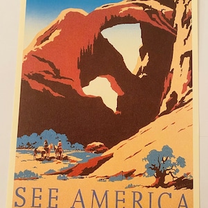 Cartão postal de viagem dos EUA, uma reprodução de um cartão postal publicitário da década de 1920, impresso na década de 1990
