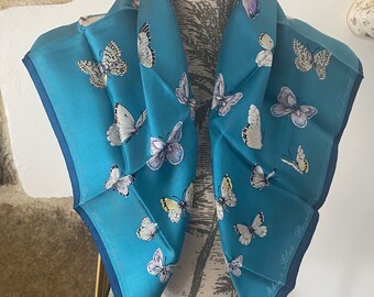 Vintage Silk Scarf Pretty Butterflies on a Turquoise Background // Brown White Colourway. British Designer Cornelia James, 27 » Square