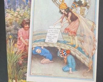 Two Artist Margaret Tarrant Postcards, The Water Lily Pond and The Fairy Under The Doormat, The Medici Society 1990