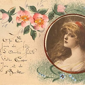 Carte postale Art nouveau Glamorous Lady Medallion, illustrée par l'artiste, envoyée en 1917, teintée à la main