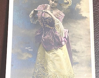 French Theatre Star Postcard, Gilberte 1900s,  Glamorous Edwardian Stage Clothes and Hat, Walery Studio, Undivided Back