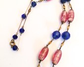 Art Deco Blue Pink Art Glass Bead Necklace Vintage Jewelry
