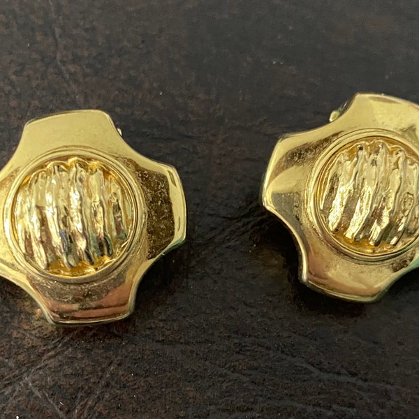 Givenchy Earrings, Clip Ons, Gold Tone Modernist, 1960s Vintage Jewelry