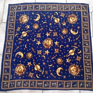 Versace Silk Scarf 32”, Blue Gold Zodiac Design, Crescent Moon, Sun, Horoscope, Vintage 2000s