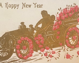Happy New Year, Embossed Golden Vintage Car with Driver Antique Postcard, Embellished Vibrant Pink Roses, Printed In Germany, Franked 1910