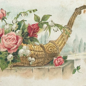 Franse antieke ansichtkaart jaren 1900, hoorn des overvloeds met reliëf gevuld met rode en roze rozen, gefrankeerd 1905