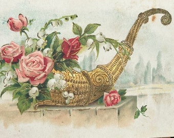 French Antique Postcard 1900s, Embossed Cornucopia Horn Filled With  Red and Pink Roses, Franked 1905