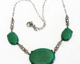 Chrysoprase Necklace, Marcasite, Sterling Silver, German Art Deco Jewellery