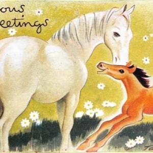 Joyeuses salutations, chevaux, carte postale britannique du milieu du siècle, Bamforth Publishers, objets de collection vintage