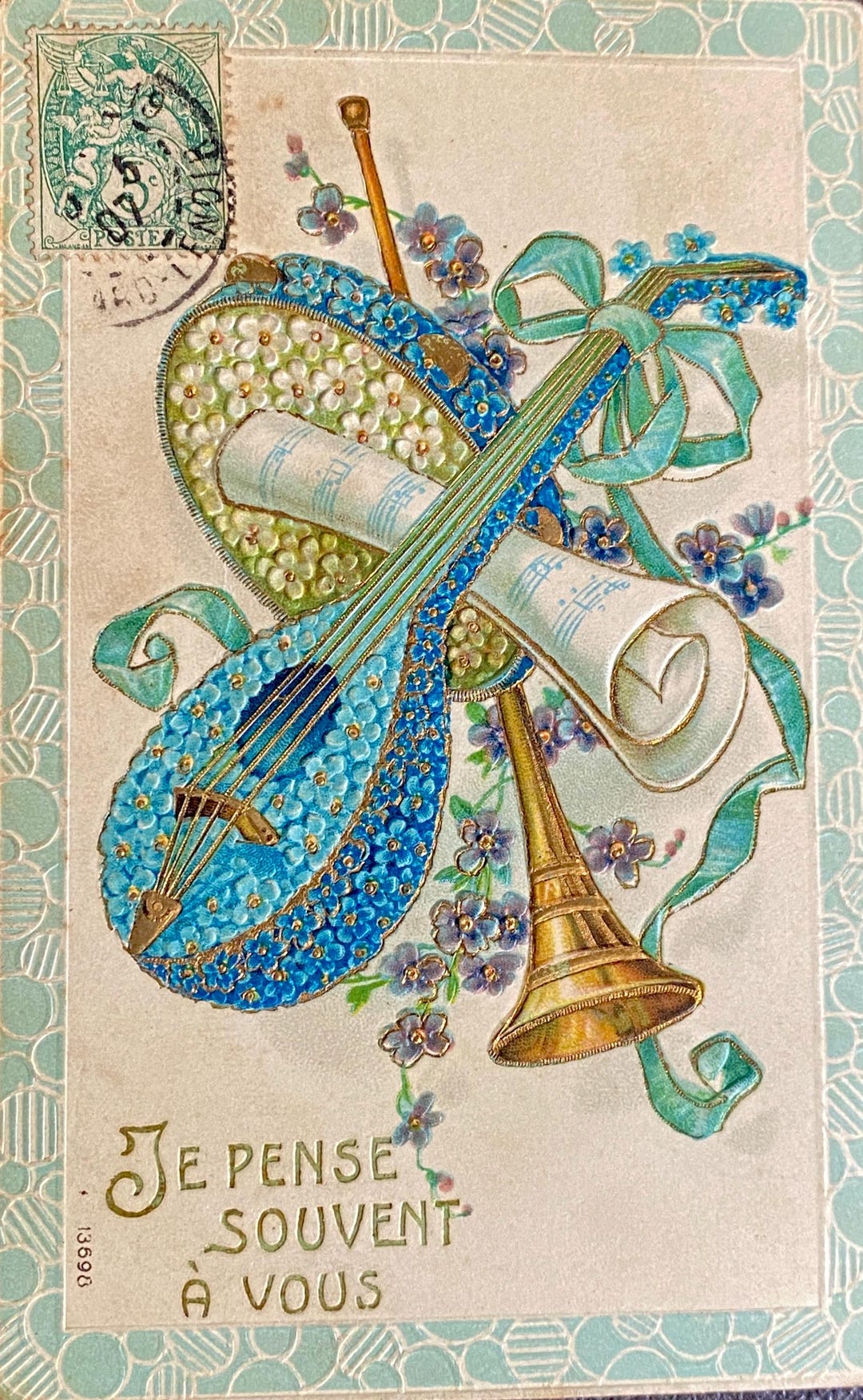 Embossed French Antique Postcard, Trio Musical Instruments Mandolin ...