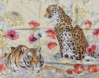 Salvatore Ferragamo Silk Scarf, Tiger and Leopard amongst the Poppies, Vintage Silk Scarf BOXED