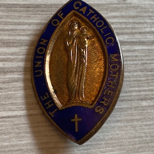 French Antique Medal, Blue Enamel Brooch, Religious, Catholic Vintage Jewelry