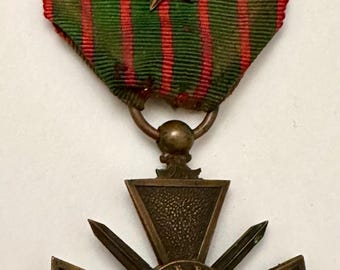WWI War Cross. Antique French Medal With Ribbon and Silver Star