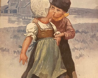 Antique Christmas Postcard, Dutch Children Kissing, Artist Karl Feiertag Published by Faulkner Franked and Signed 1914