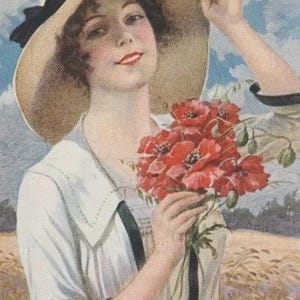 Künstler illustrierte Dame, die eine Posie der roten Mohnblumen hält, Au Grand Air, französische Postkarten-Antike beschriftet