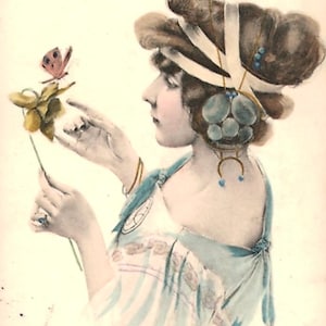 German Art Nouveau Lady with a Butterfly Postcard, Ornate Ribbon Headdress, Franked 1903