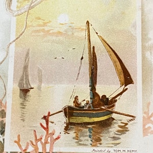 Uma saudação amigável, cartão postal de transporte antigo, barco de lixo de Hong Kong, artista Tom M Hemy