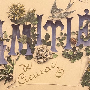 Carte postale française ancienne, Cieurac Amities des années 1900, fleurs roses, hirondelle, oiseau, affranchissement timbre rare