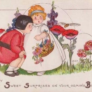 Cartão postal de aniversário, cartão antigo americano, duas garotas bonitas, uma abelha e algumas flores, ilustrado pelo artista Margaret (Fisher) Price SEM USO