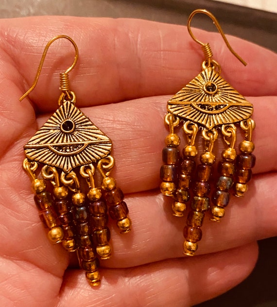 Dangly Topaz Brown Bead earrings for Pierced Ears… - image 5