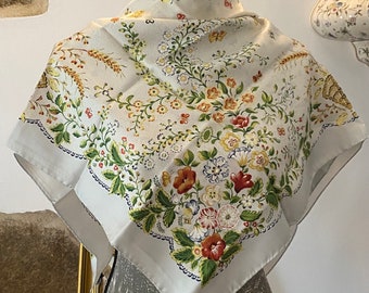 Beckford Silk Scarf, 30” square, Floral Design White Background, Vintage Fabric