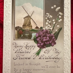 Para o cartão postal de aniversário do meu amigo, moinho de vento e uma homenagem floral de hortênsias e lírios do vale, em relevo, Philco Photo SEM USO