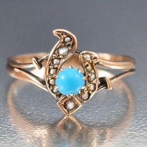Turquoise Ring Accented with Seed Pearls // 9 Carat British Rose Gold // Antique Victorian Jewellery