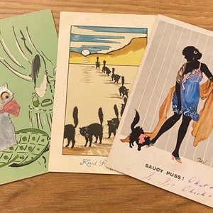 Cartoline antiche con gatti neri, cromolitografia, Inter Art, Alpha, Silhouette, Art Déco anni '20