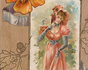Bavarian Art Nouveau Lady Antique postcard, Orange Flower, Bonnet and Dress, Artist Illustrated Franked c 1900, Bavarian Stamp Issued 1876