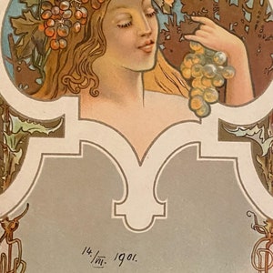 Cartão postal de senhora francesa Art Nouveau, cabelo decorado, uvas, ilustrado por escrito em 1901