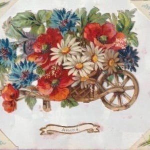 Antike Postkarte mit Blumenmuster, Holz-Fahrrad-Planter 1900er Jahre, französische Amitiés-Karte