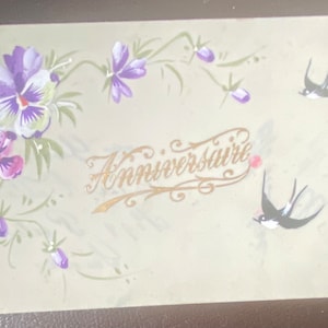 Postal antigua francesa en celuloide, Pensamientos y golondrinas DAÑADA