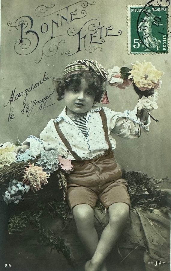 1920svintageファブリック布birthdeth jantiques Antique French Postcard 1908, Real Photo, Little Boy in Brown