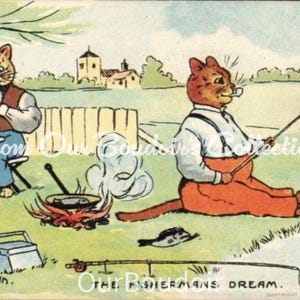 Carte postale de pêche aux chats Louis Wain, vers 1905, carte postale du début du XXe siècle, éditeur Valentine, objets de collection vintage
