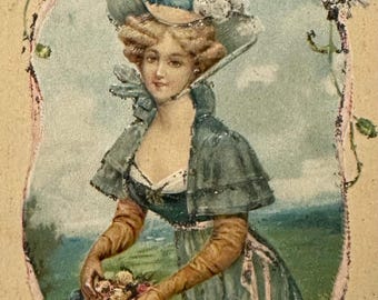 Antique 1911 Portrait Post Card, Debutante, Lovely Lady in Long Gold Robe, A Vintage, Divided Back Postcard