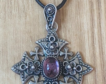 Jerusalem Silver Cross Pendant, Amethyst Gemstone, Antique Jewellery, Silver Standard 900