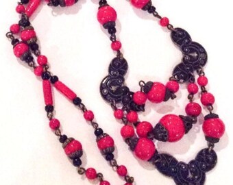 Art Deco Enamel Necklace, Pink Red and Black Glass Beads, 1920s Vintage Jewellery