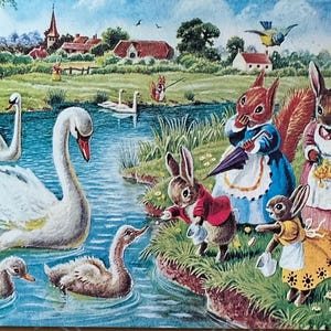 Les cygnes, l'artiste Racey Helps, À la rencontre des lapins, cartes postales Médicis anciennes,