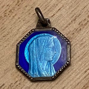 French Antique Medal, Blue Enamel Silver Charm or Pendant, Madonna, Religious. Silver 1920s French Antique Jewellery, Boars Head on Bale
