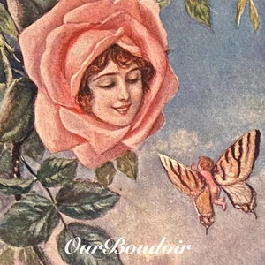 Art Nouveau-briefkaart // Lady Rose met vlinderkind //Originele antieke Franse ansichtkaart verzonden 1918 // Belle Epoque