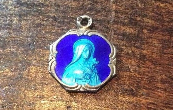 French Blue Enamel Charm or Pendant, Madonna, Rel… - image 1