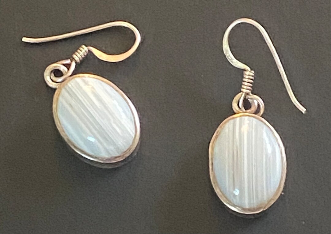 Banded Agate Earrings, Pale Blue, Pierced Ears, Ear Wires Hallmarked